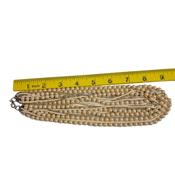 Women's 12 Layer Necklace Silver Tone Faux Pearls & Clear Beads 9.5 Inches - Picture 5 of 10